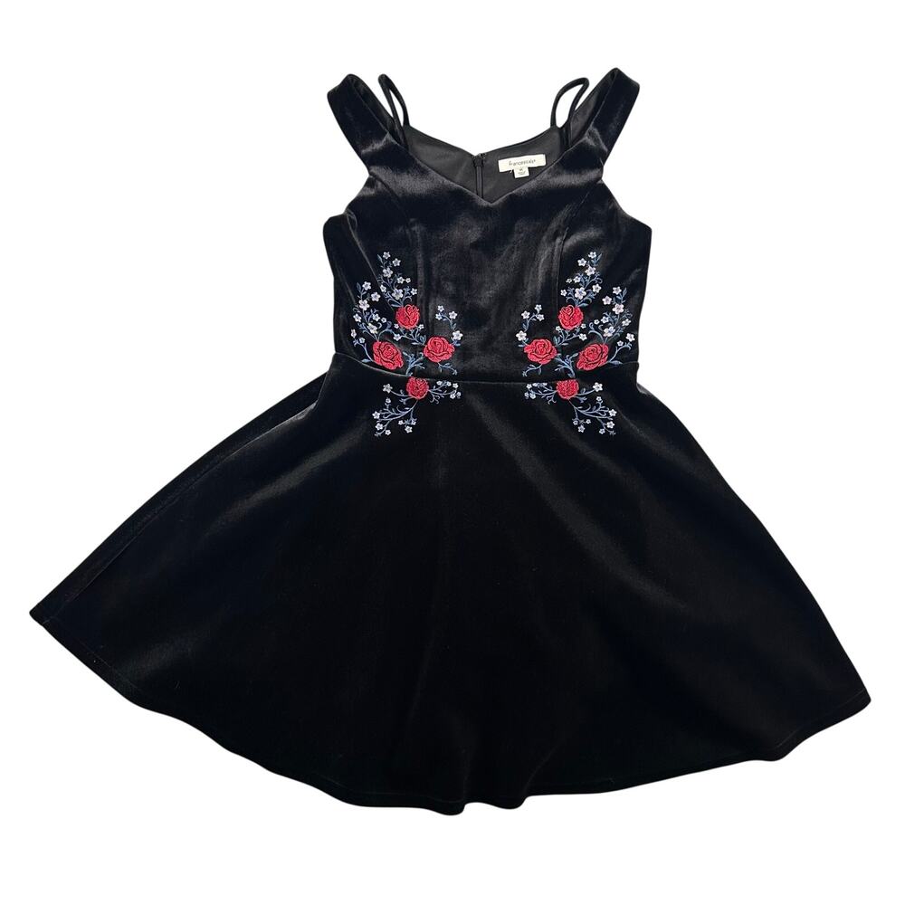 Francesca's Black Velvet Skater Dress Size Medium Red Rose Floral Bodice